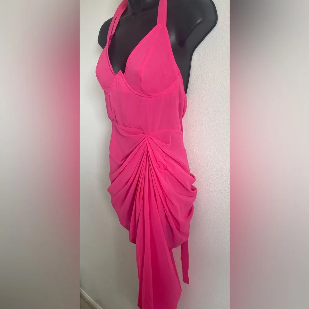 NWT PrettyLittleThing Hot Pink Draped Elegant Draped Midi Dress US 6 - Picture 5 of 10
